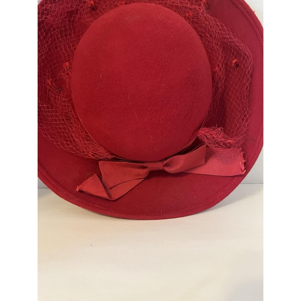 Vintage Michael Howard Red Wool Hat Net Veil Bow Miss Bierner 100% Wool - Picture 2 of 9